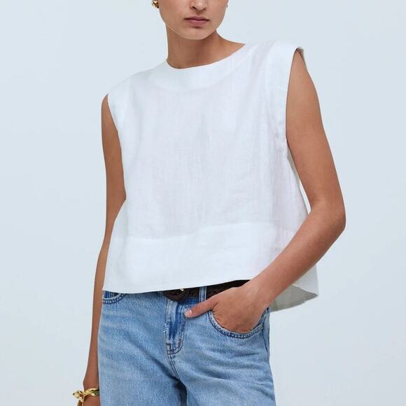 Madewell Tops - Madewell Bateau-Neck Tank 100% Linen Sleeveless Shell Top Eyelet White NWOT XXS